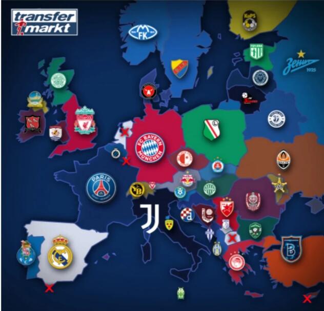 欧洲各地顶级联赛冠军地图
