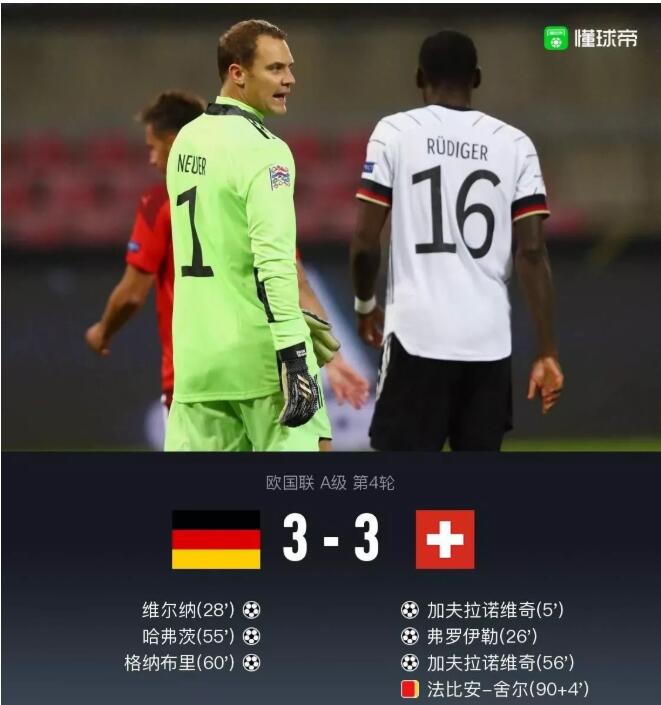 今天凌晨欧国联，德国主场两度落后两度扳平，最终3-3战平瑞士